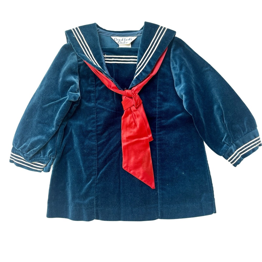 VTG Baby Toddler Navy Blue Velour Sailor Suit Dress One Piece 24‎ months